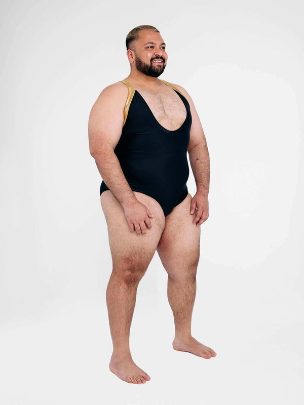 X-FACTOR PLUNGE gender fluid mens bodysuit - front angle