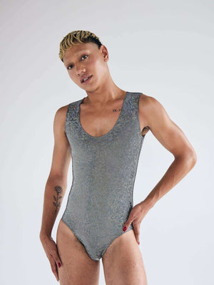 HOLO-GLAM PLUNGE gender fluid mens bodysuit - front