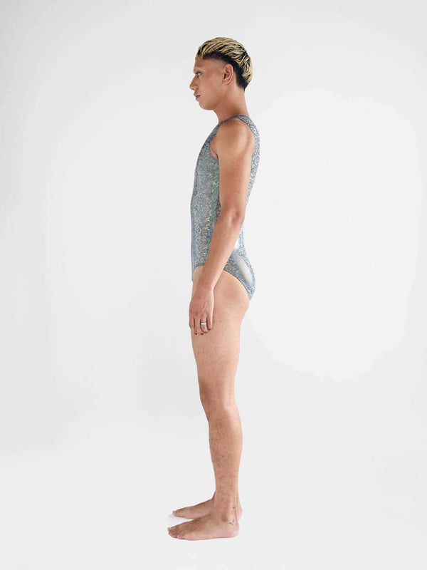 HOLO-GLAM PLUNGE gender fluid mens bodysuit - side left