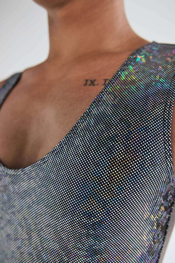 HOLO-GLAM PLUNGE gender fluid mens bodysuit - chest detail